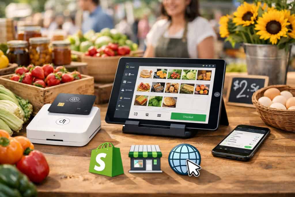 Best card readers for farmers markets if you sell online too: Shopify card reader + Shopify POS