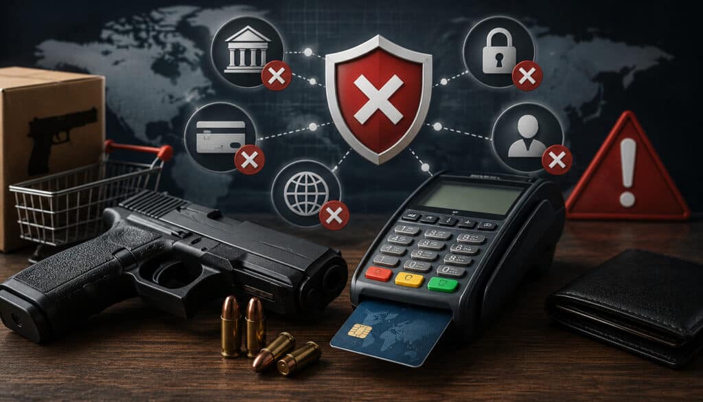 Firearm payment processing challenges illustration with POS terminal and security icons