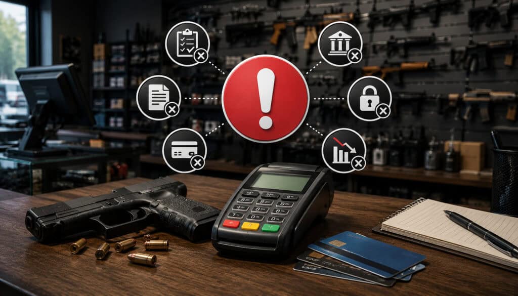 Gun store payment processing mistakes illustration