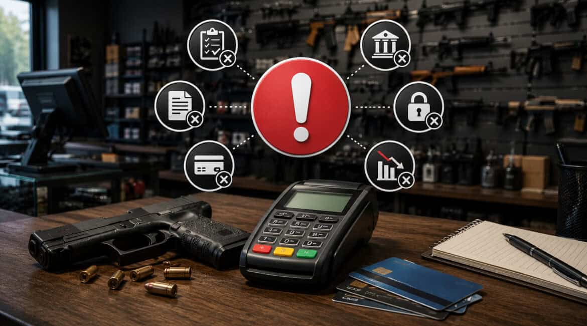 Gun store payment processing mistakes illustration