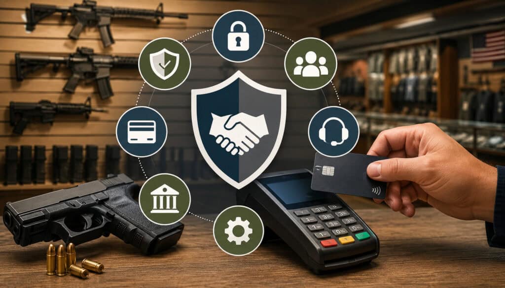 Gun-friendly merchant services with secure payment processing terminal and firearm store background