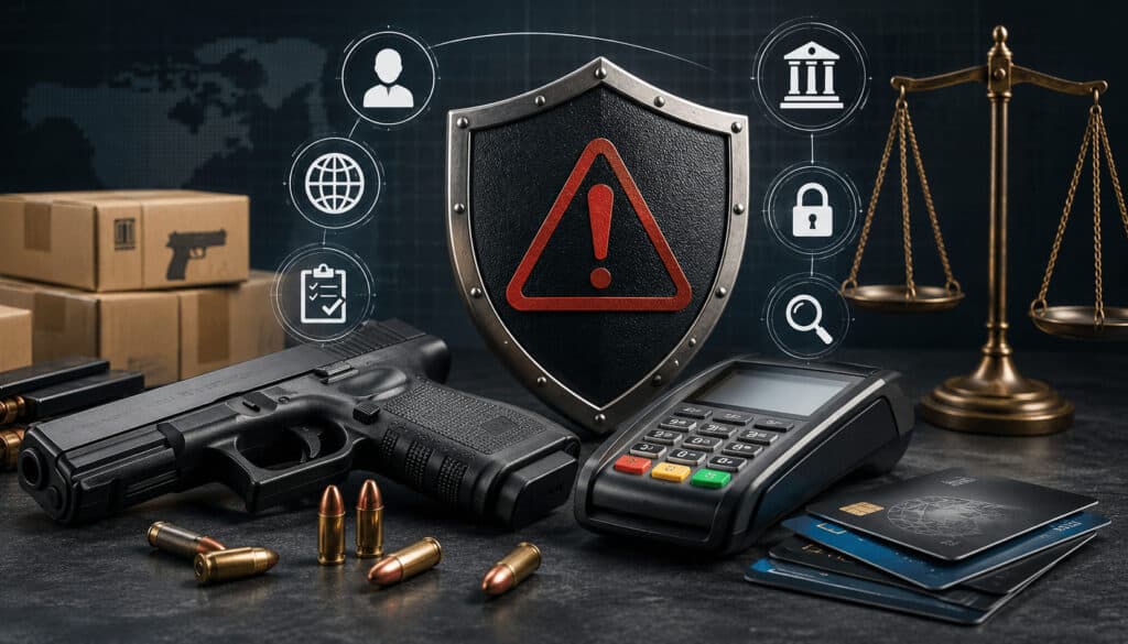 Firearm merchant account risk illustration with payment terminal and security icons