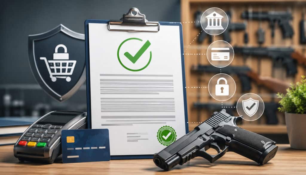 Firearm payment processing approval setup with POS terminal and handgun