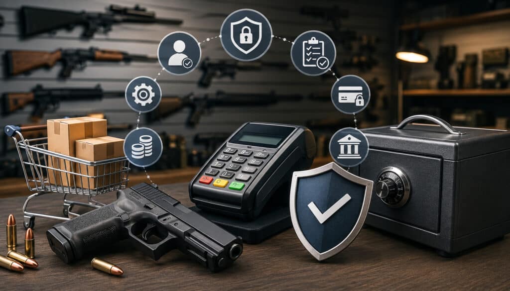 Firearms merchant account payment processing illustration with security icons and POS terminal