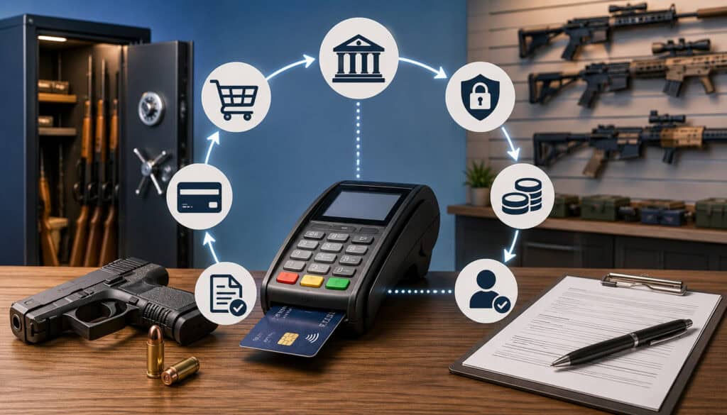 FFL dealer payment processing illustration with POS terminal and firearm retail background