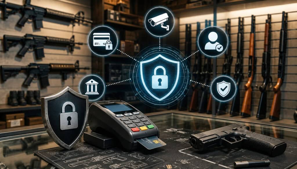 Gun store payment security and fraud prevention illustration