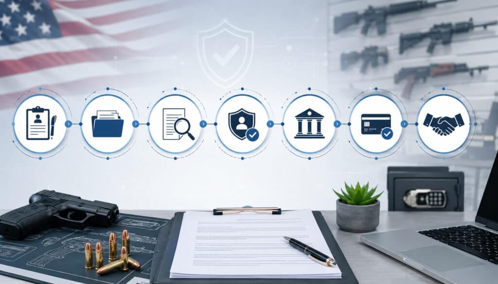 FFL merchant account underwriting process with compliance and payment approval icons.