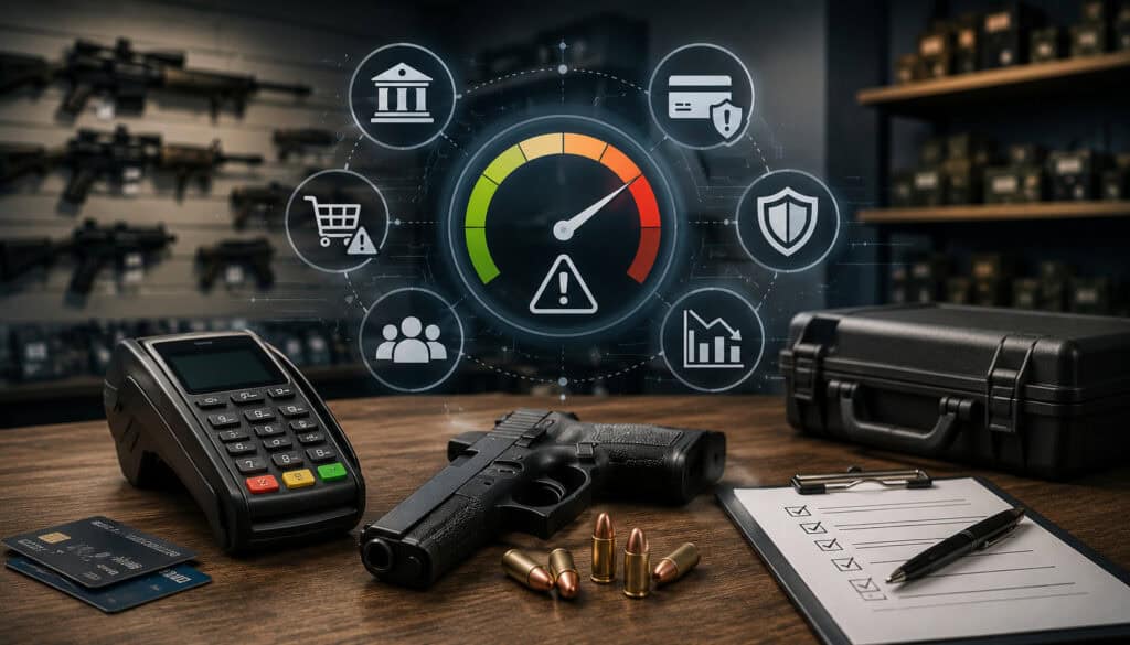 Firearms payment risk illustration with POS terminal and security icons