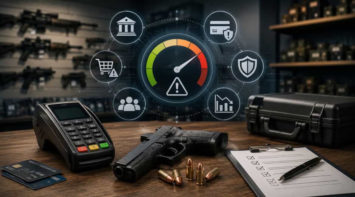 Firearms payment risk illustration with POS terminal and security icons