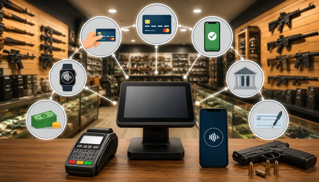 Gun retailer payment channels and POS system