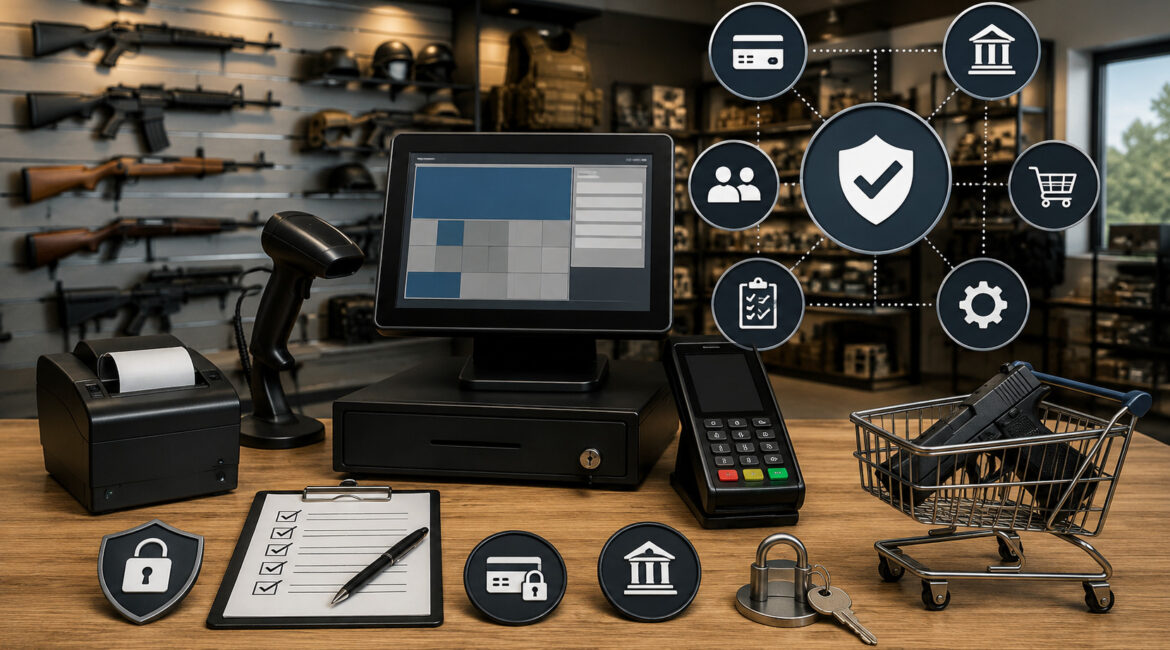 Firearm retailer merchant services setup with secure POS system