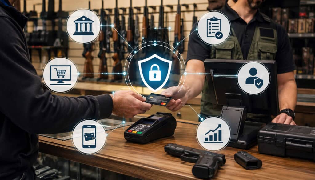 FFL dealer using secure payment processing at a gun shop