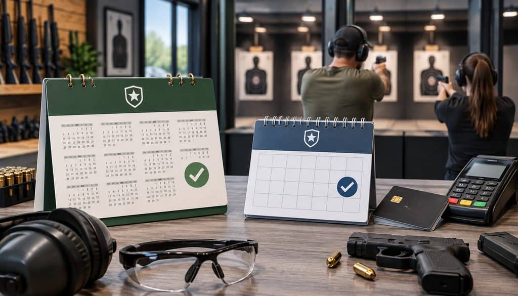 Annual vs monthly shooting range membership billing with calendars and payment terminal
