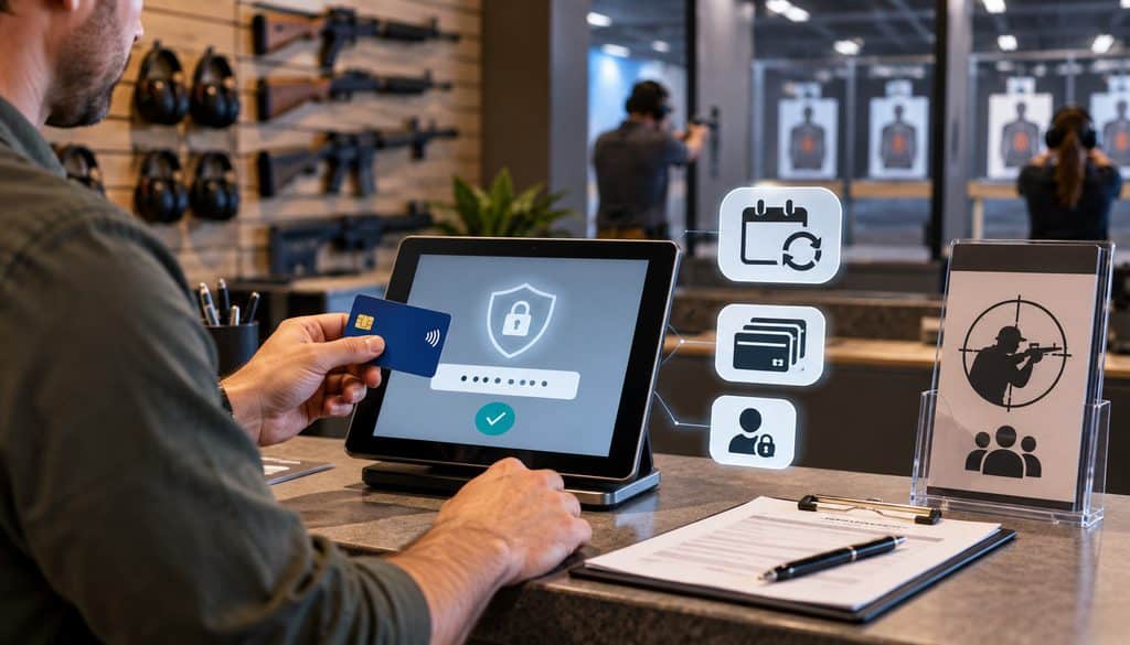 Shooting range member using a stored card for recurring membership dues