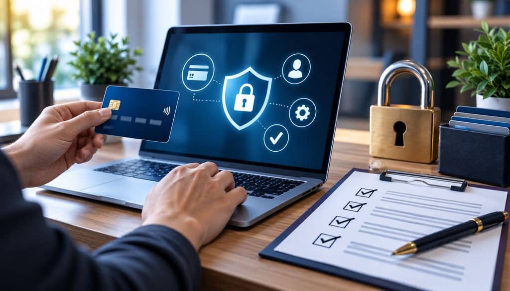 Card-on-file payment security with encrypted card data and policy checklist