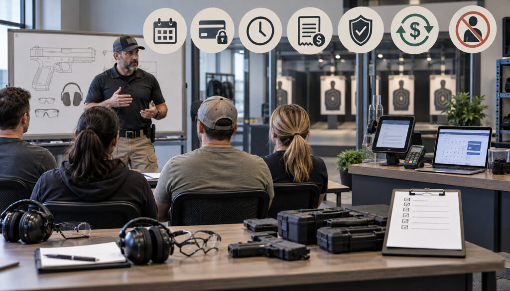 Firearms instructor class deposits, cancellations, no-show fees, and payment processing
